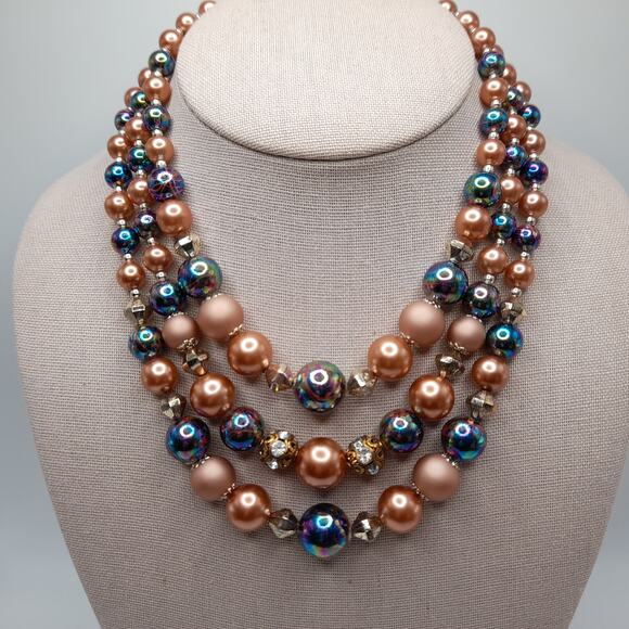 Vintage 1950s Iridescent Faux Pearl Beaded Necklace, Rhinestone Beads, 15 Inches - Picture 2 of 11